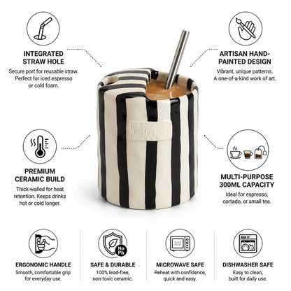 Ceramic Mug Hand-Painted Stripes Integrated Straw Hole 300ml