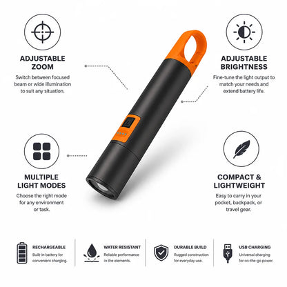Compact Adjustable Zoom & Brightness Tactical Flashlight