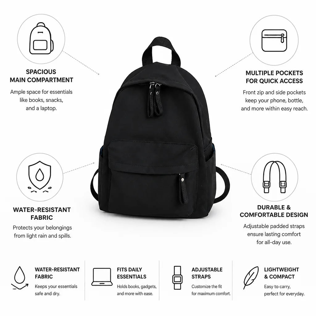 Compact Backpack Water-Resistant Multiple Pockets & Padded Straps