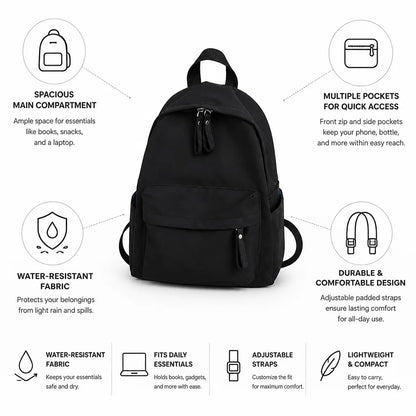 Compact Backpack Water-Resistant Multiple Pockets & Padded Straps