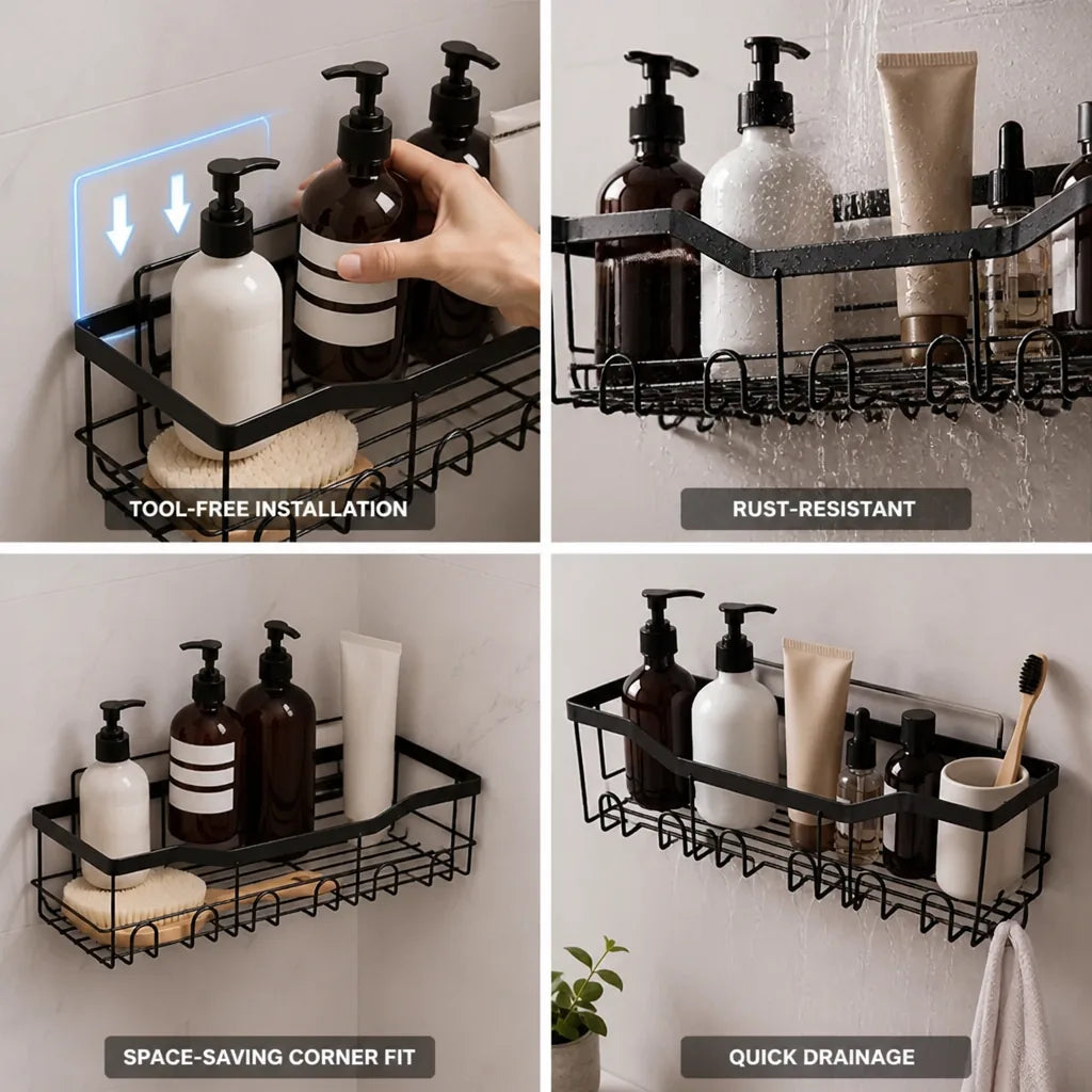 Corner Shower Shelf Tool-Free Adhesive Rust-Resistant Carbon Steel