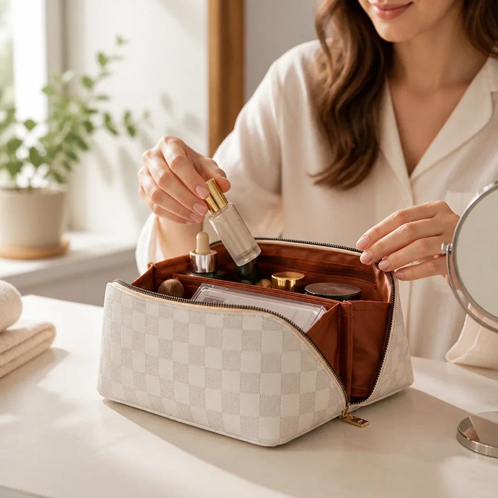 Cosmetic Bag Multiple Compartments Waterproof Faux Leather