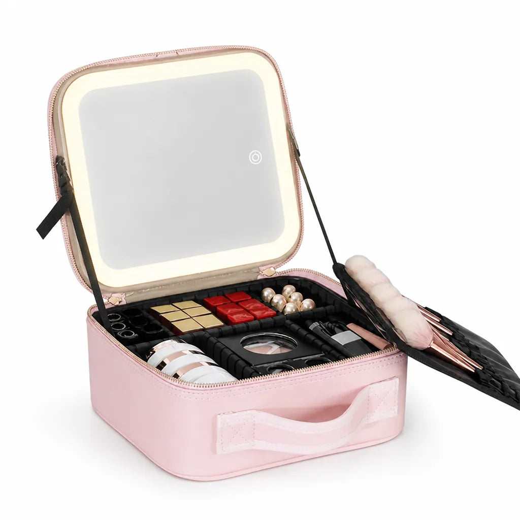Cosmetic Bag Rechargeable LED Mirror & Adjustable Dividers
