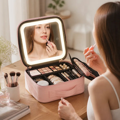 Cosmetic Bag Rechargeable LED Mirror & Adjustable Dividers