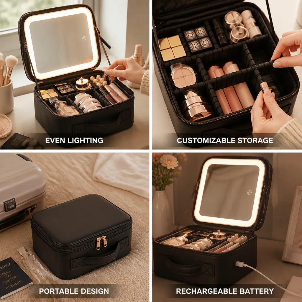 Cosmetic Bag Rechargeable LED Mirror & Adjustable Dividers