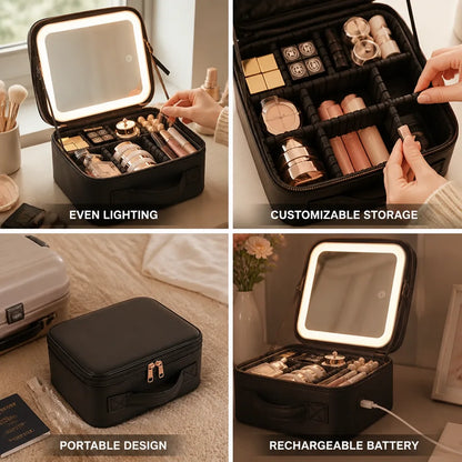 Cosmetic Bag Rechargeable LED Mirror & Adjustable Dividers
