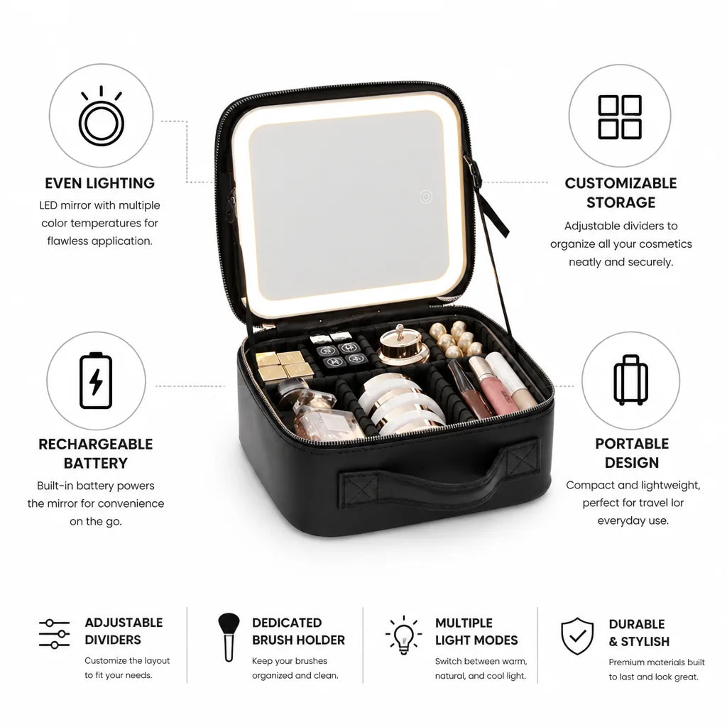 Cosmetic Bag Rechargeable LED Mirror & Adjustable Dividers