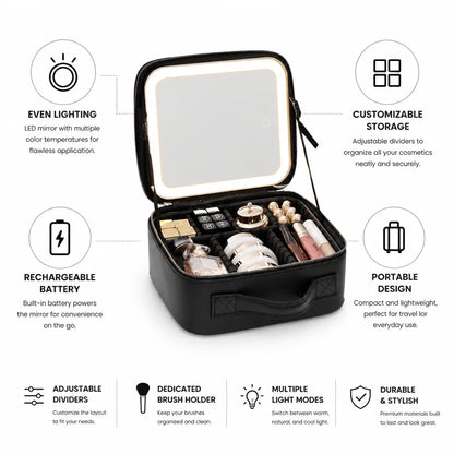 Cosmetic Bag Rechargeable LED Mirror & Adjustable Dividers