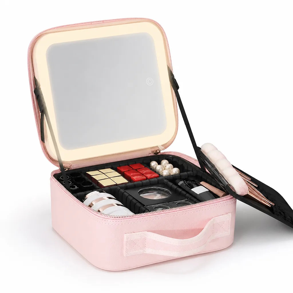 Cosmetic Bag Rechargeable LED Mirror & Adjustable Dividers