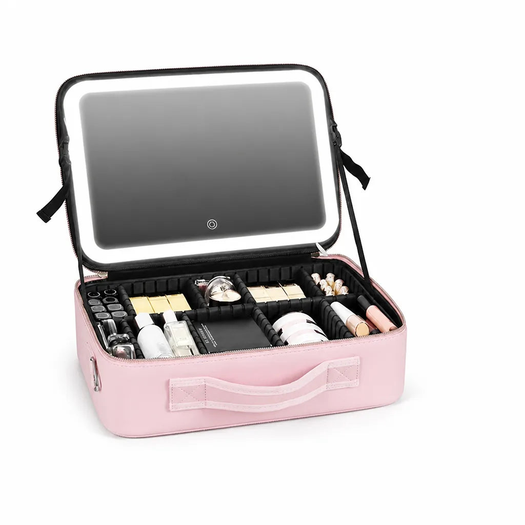 Cosmetic Bag Rechargeable LED Mirror & Adjustable Dividers
