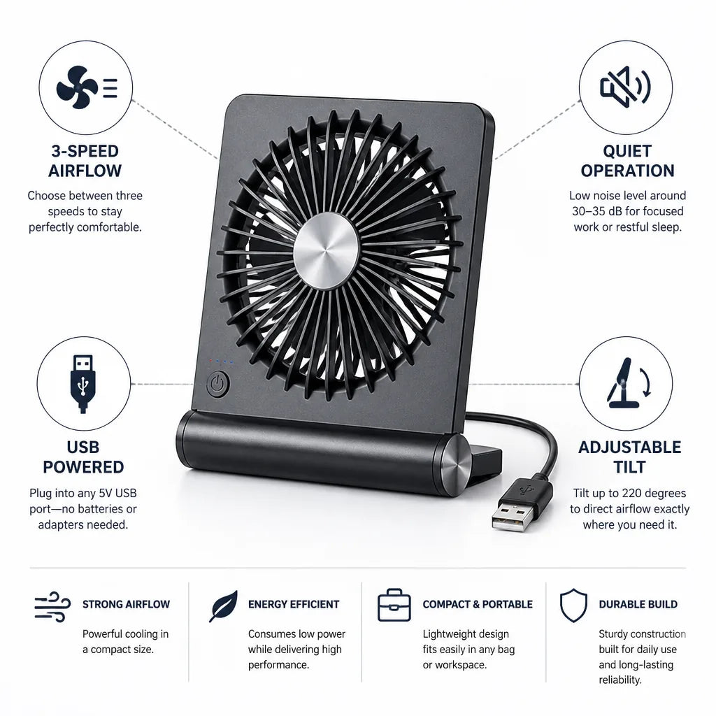 Desk Fan USB Powered Quiet 3-Speed