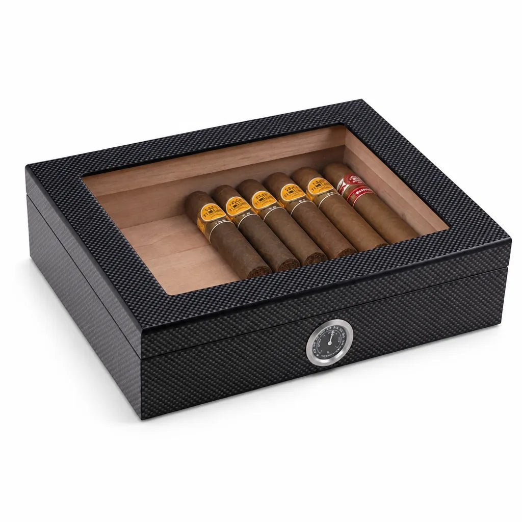 Desktop Cigar Humidor Clear Viewing Lid Hygrometer 20-Cigar Capacity