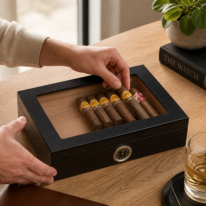 Desktop Cigar Humidor Clear Viewing Lid Hygrometer 20-Cigar Capacity