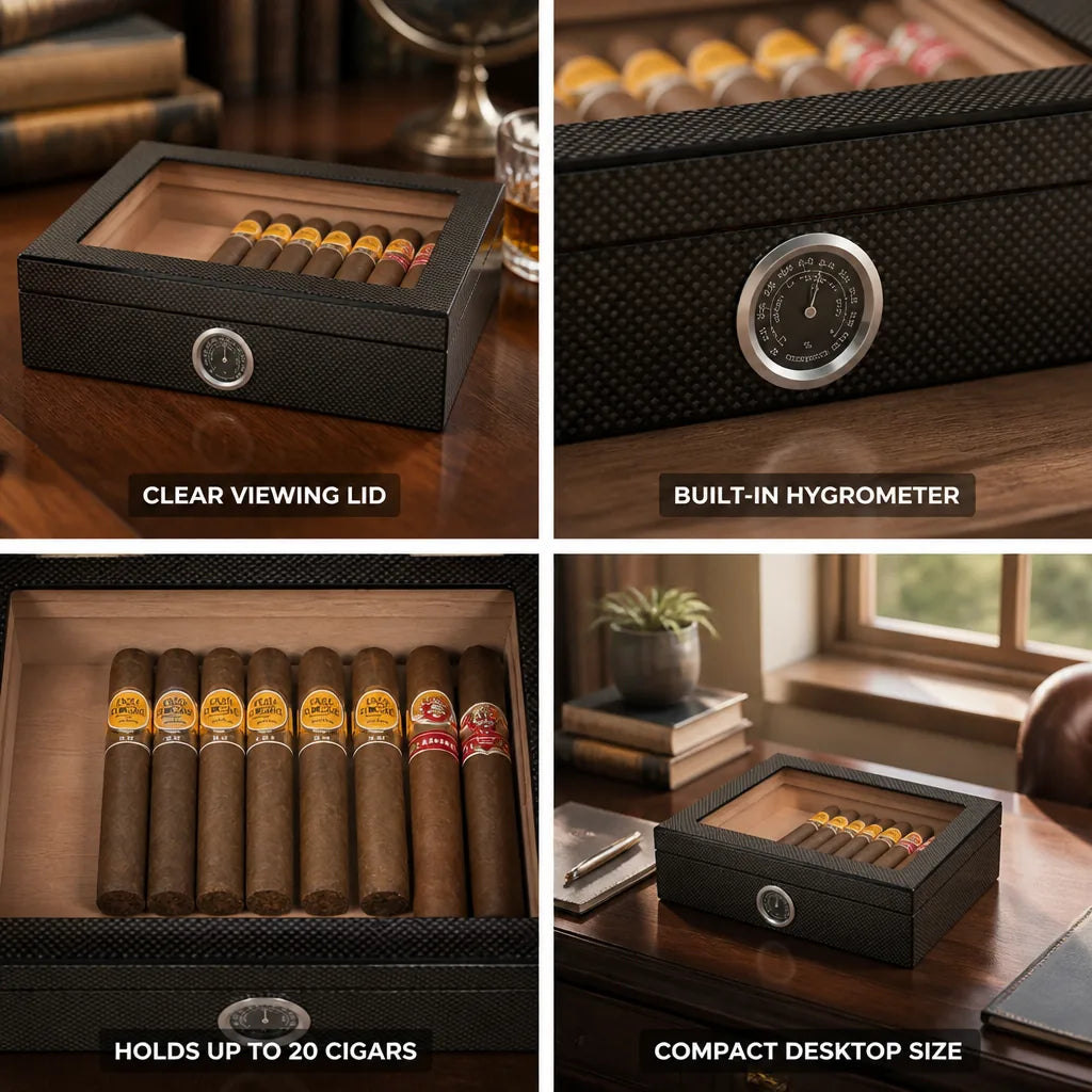 Desktop Cigar Humidor Clear Viewing Lid Hygrometer 20-Cigar Capacity
