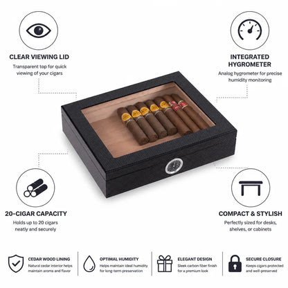 Desktop Cigar Humidor Clear Viewing Lid Hygrometer 20-Cigar Capacity