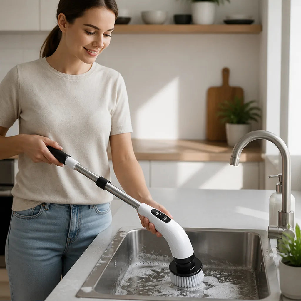 Electric Cleaning Brush Telescopic Handle 8 Interchangeable Heads