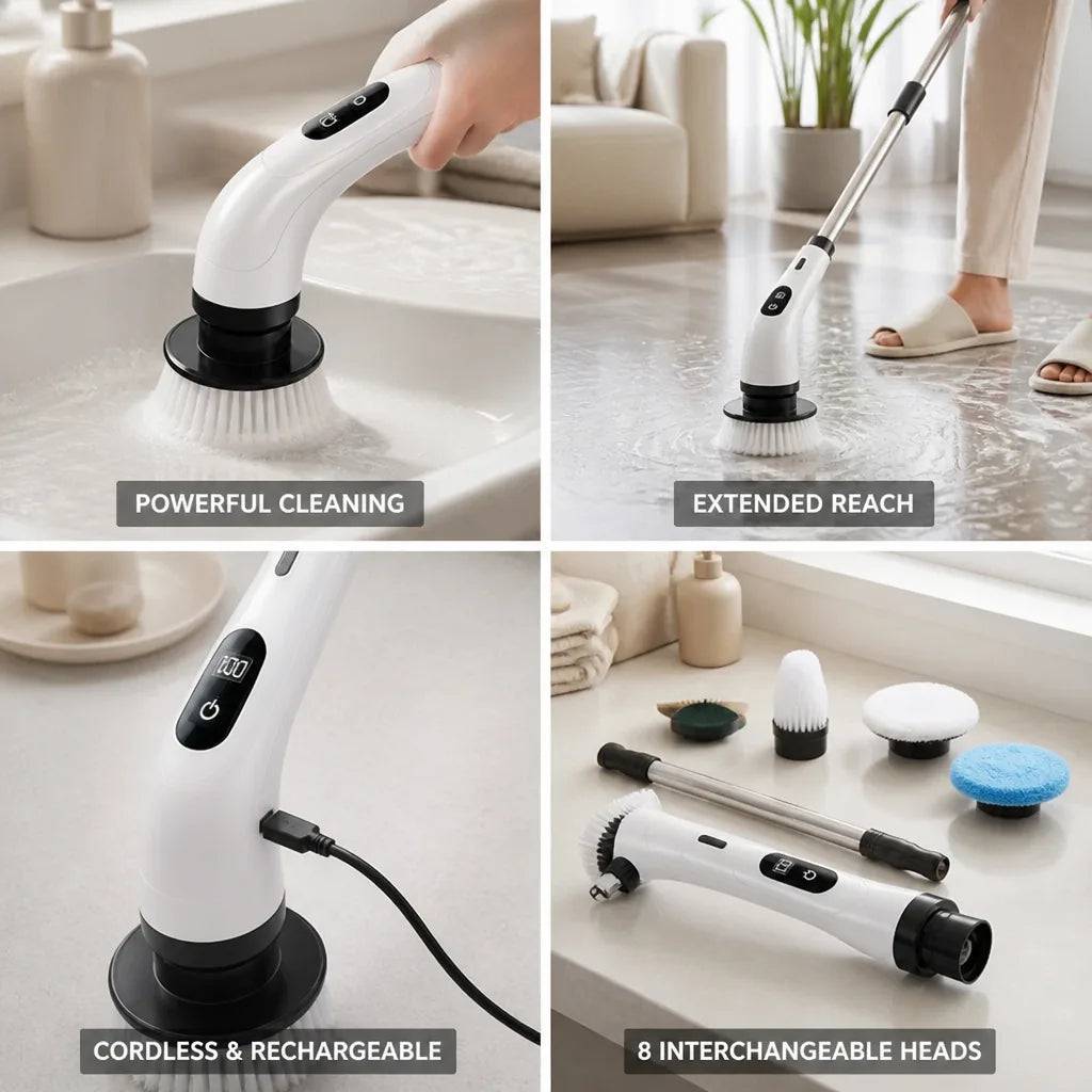 Electric Cleaning Brush Telescopic Handle 8 Interchangeable Heads