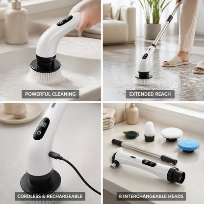 Electric Cleaning Brush Telescopic Handle 8 Interchangeable Heads
