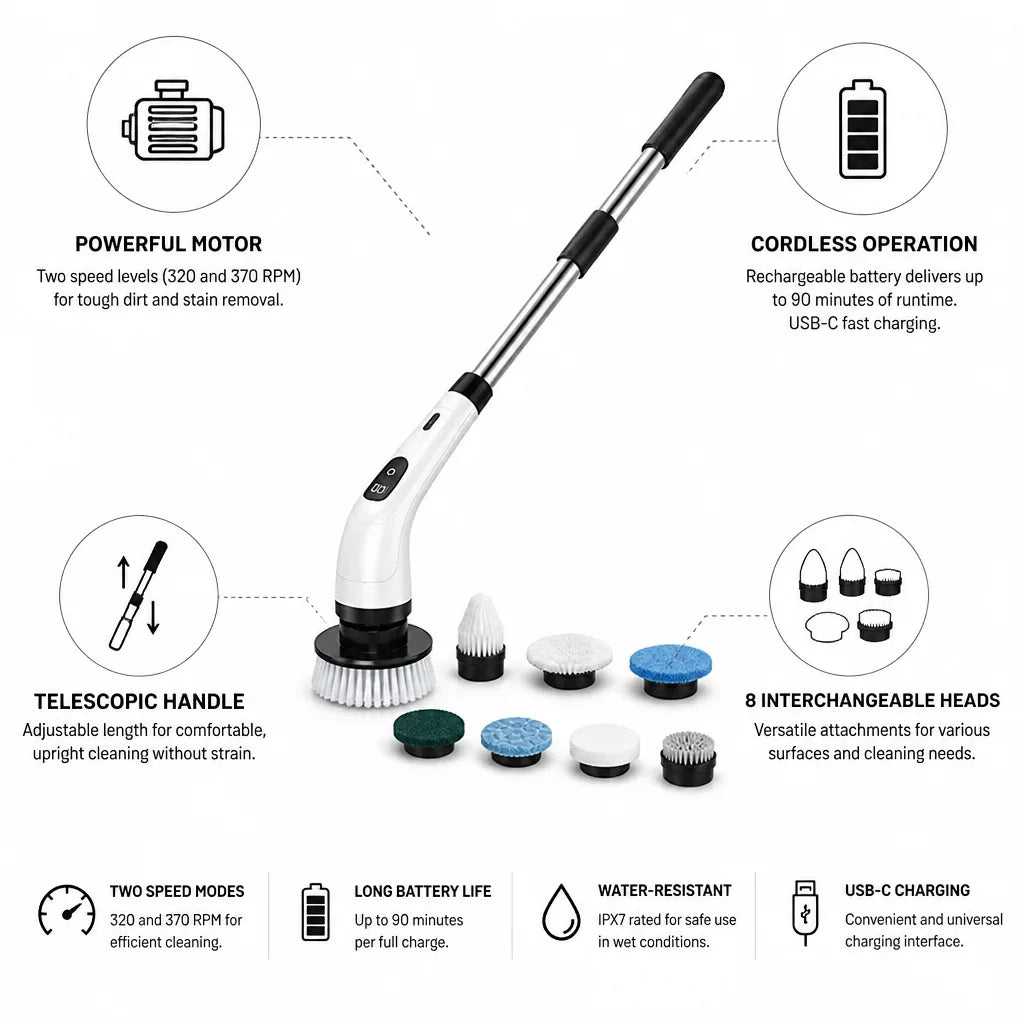 Electric Cleaning Brush Telescopic Handle 8 Interchangeable Heads