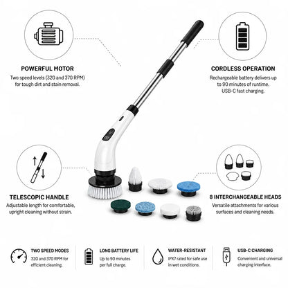 Electric Cleaning Brush Telescopic Handle 8 Interchangeable Heads
