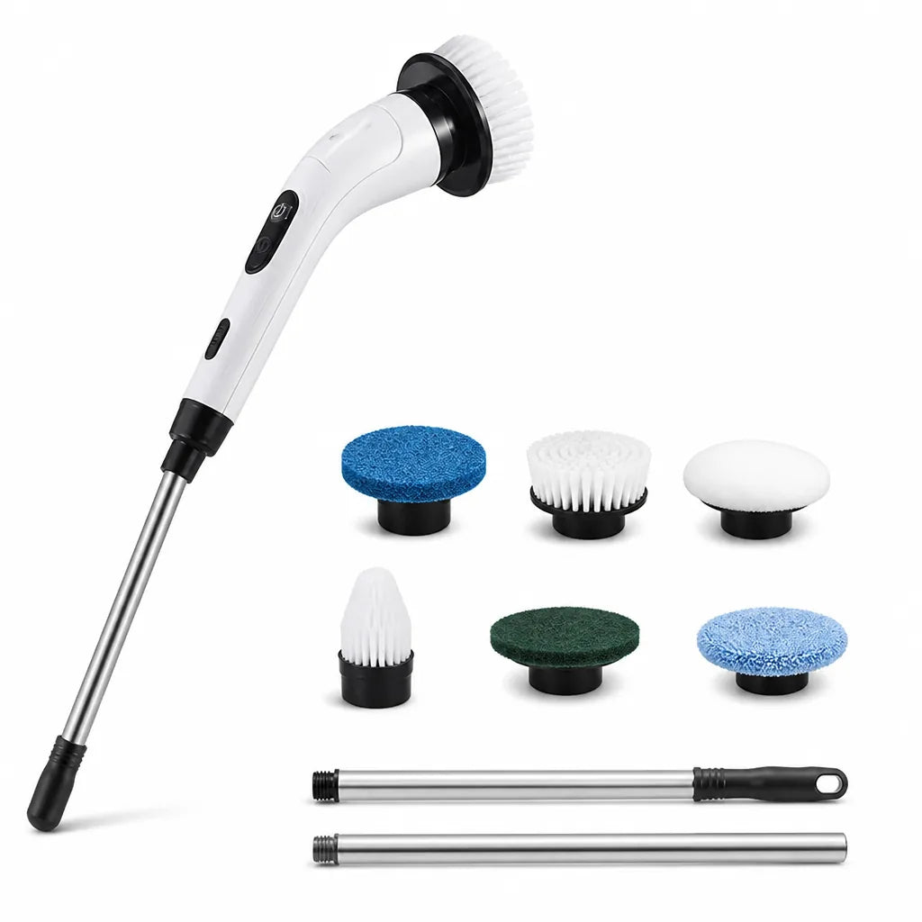 Electric Cleaning Brush Telescopic Handle 8 Interchangeable Heads