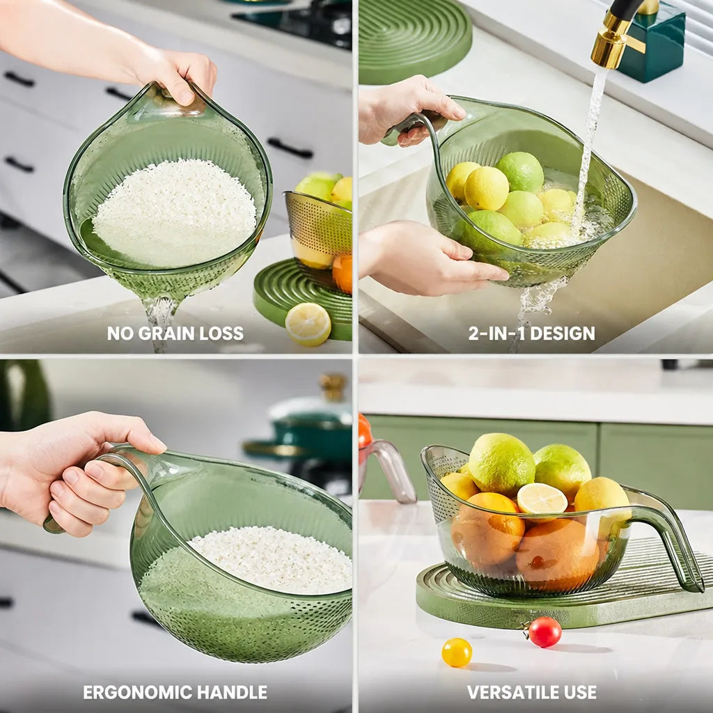 Fine Sieve Rice Washing Bowl (Ergonomic Handle & Spout)