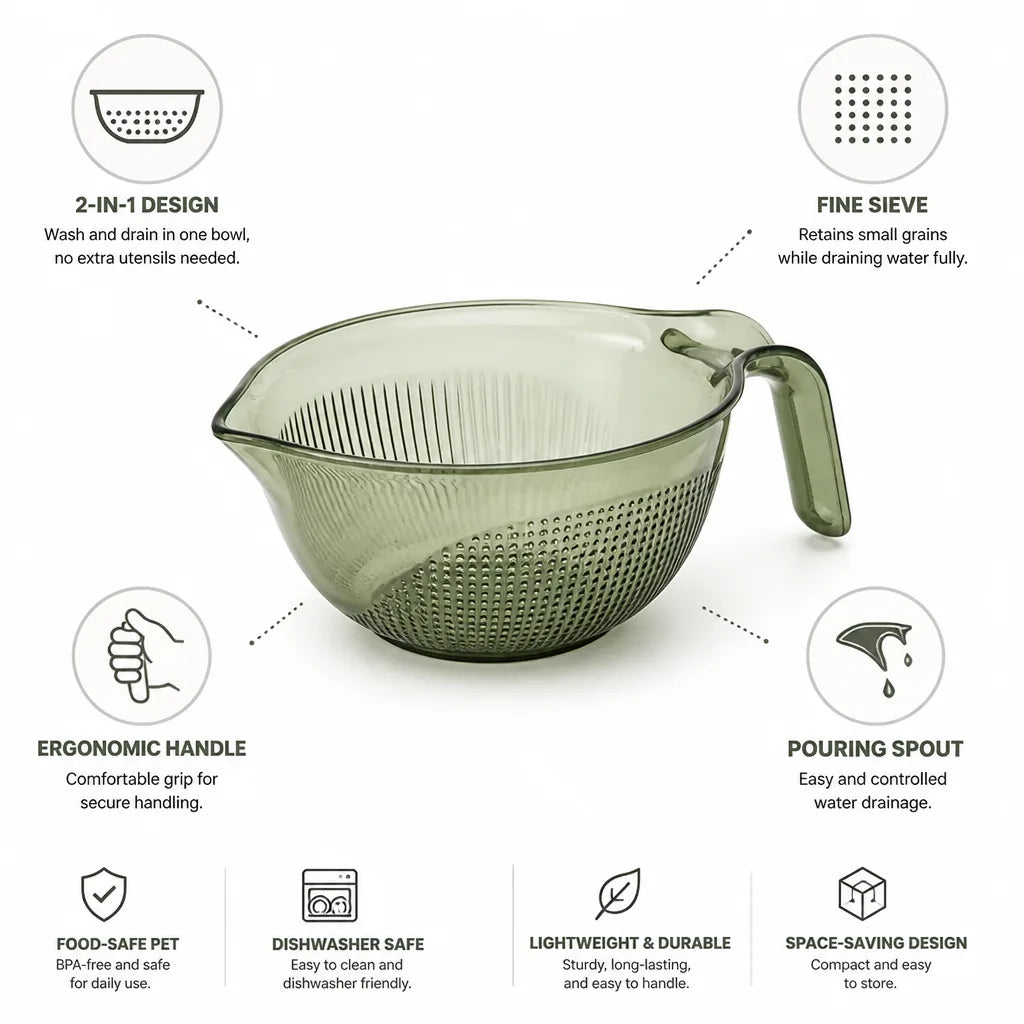 Fine Sieve Rice Washing Bowl (Ergonomic Handle & Spout)