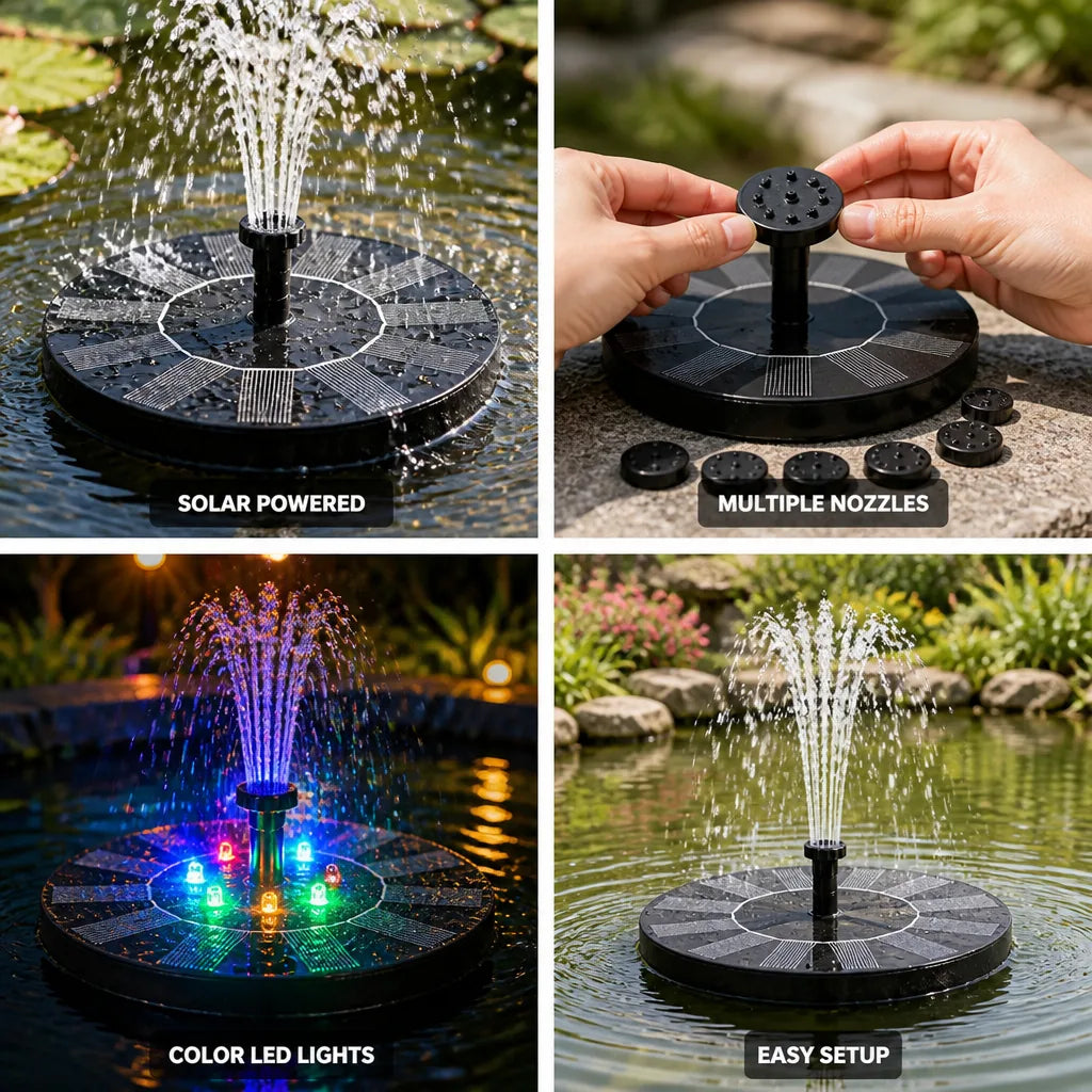 Floating Solar Fountain Interchangeable Nozzles Optional LED