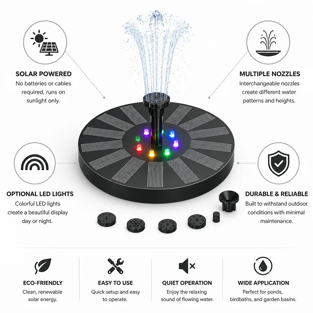 Floating Solar Fountain Interchangeable Nozzles Optional LED