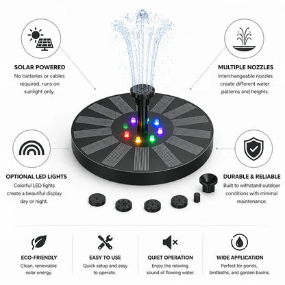 Floating Solar Fountain Interchangeable Nozzles Optional LED