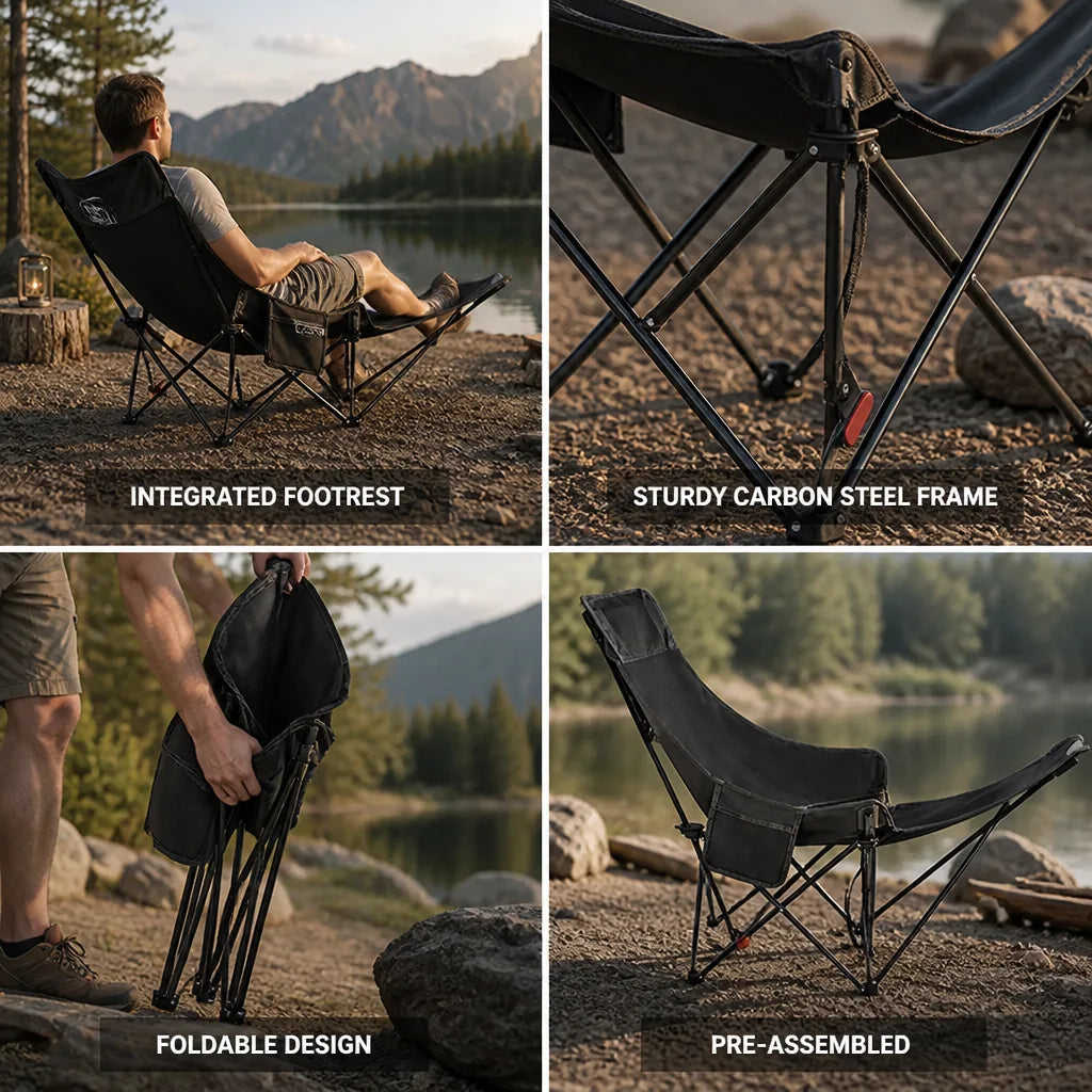 Foldable Carbon Steel Camping Chair With Footrest (Pre-Assembled)