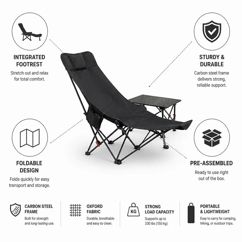 Foldable Carbon Steel Camping Chair With Footrest (Pre-Assembled)