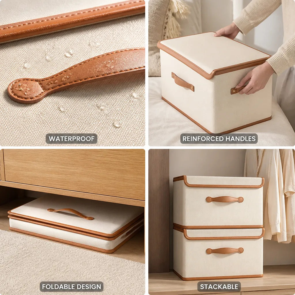 Foldable Storage Box Waterproof Reinforced Leather Handles