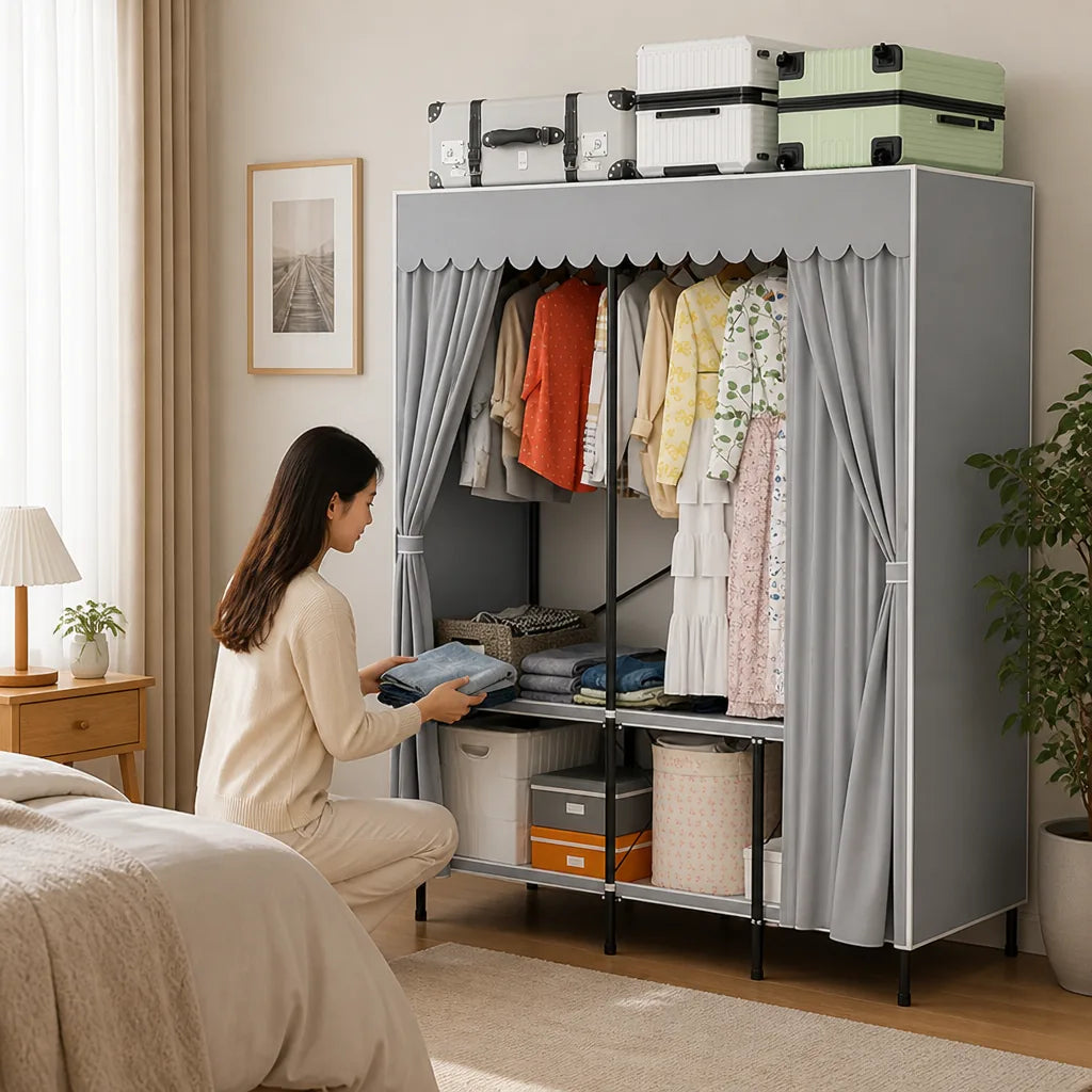 Foldable Zippered Dustproof Steel-Frame Wardrobe