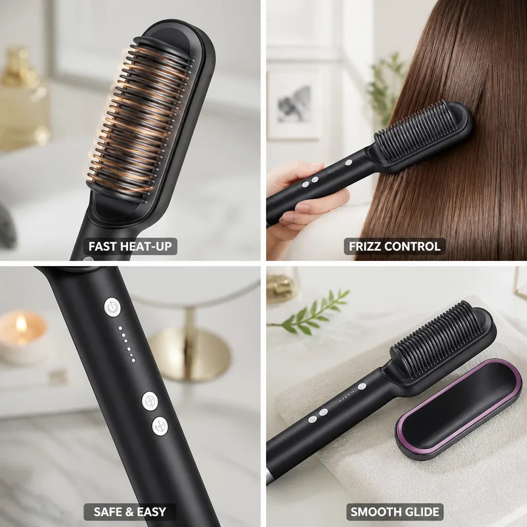 Hair Straightener Brush Ionic Ceramic Fast Heat-Up