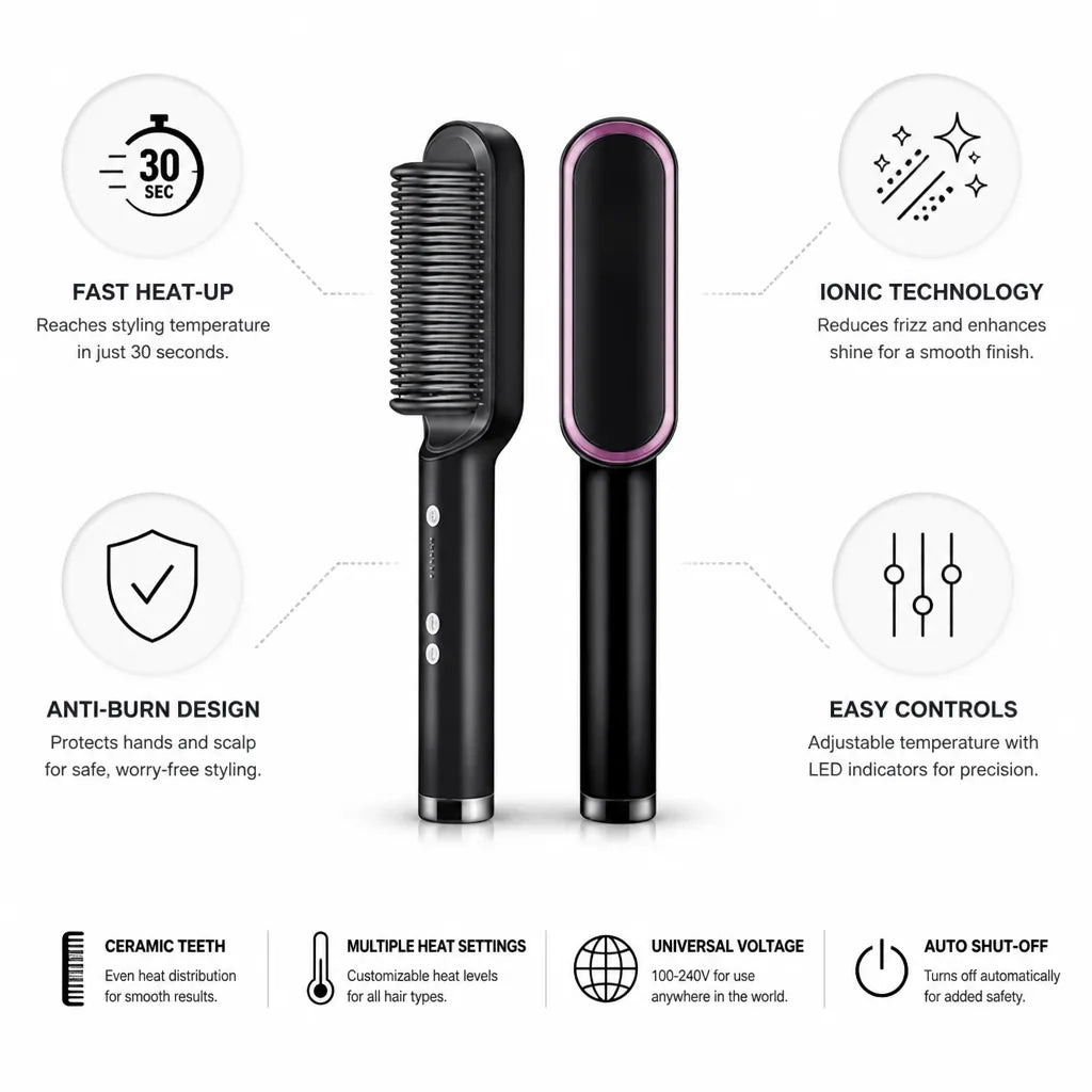 Hair Straightener Brush Ionic Ceramic Fast Heat-Up