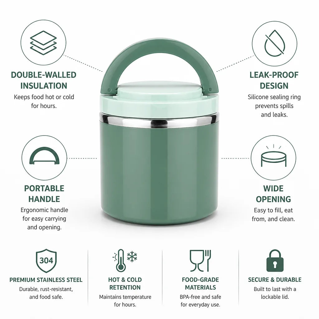 Insulated Lunch Box Double-Walled Stainless Steel Leak-Proof Lid & Handle
