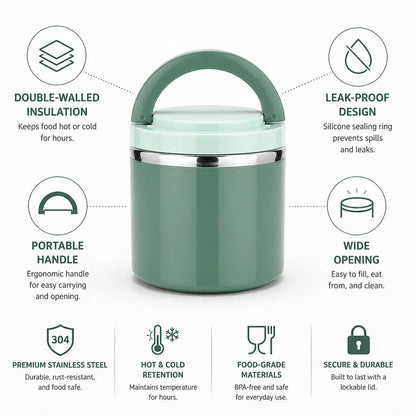 Insulated Lunch Box Double-Walled Stainless Steel Leak-Proof Lid & Handle
