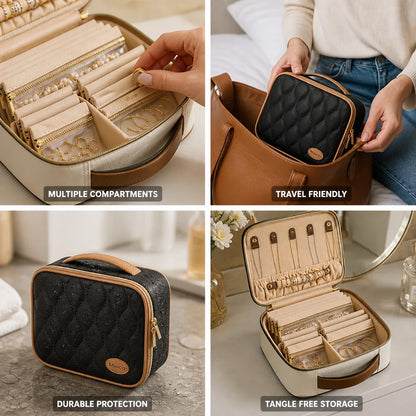 Jewelry Organizer Bag Quilted Faux Leather Multiple Compartments