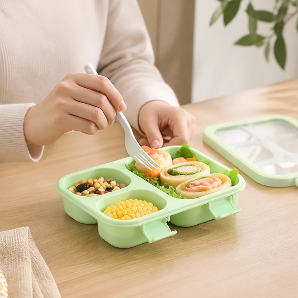 Kids Lunch Box Three-Compartment Four-Clip Lid & Utensils