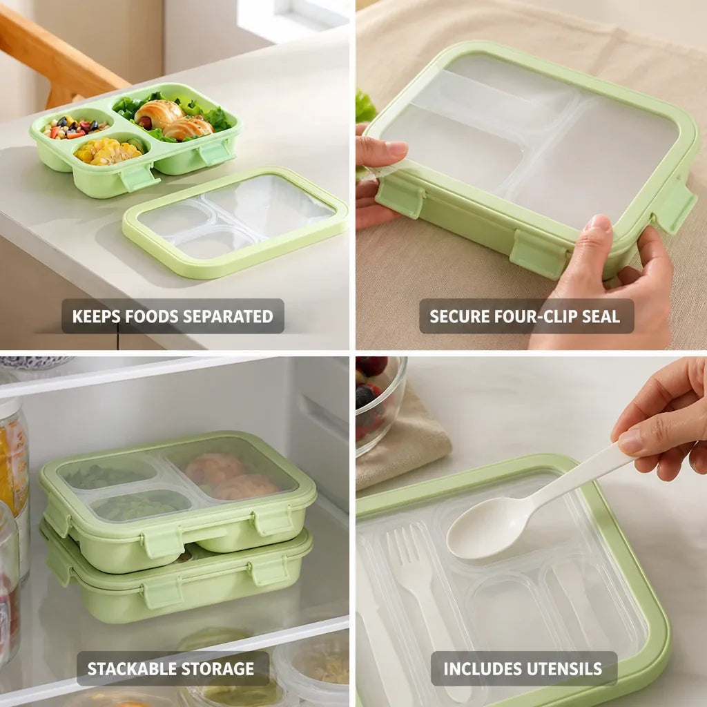 Kids Lunch Box Three-Compartment Four-Clip Lid & Utensils
