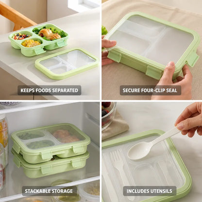 Kids Lunch Box Three-Compartment Four-Clip Lid & Utensils