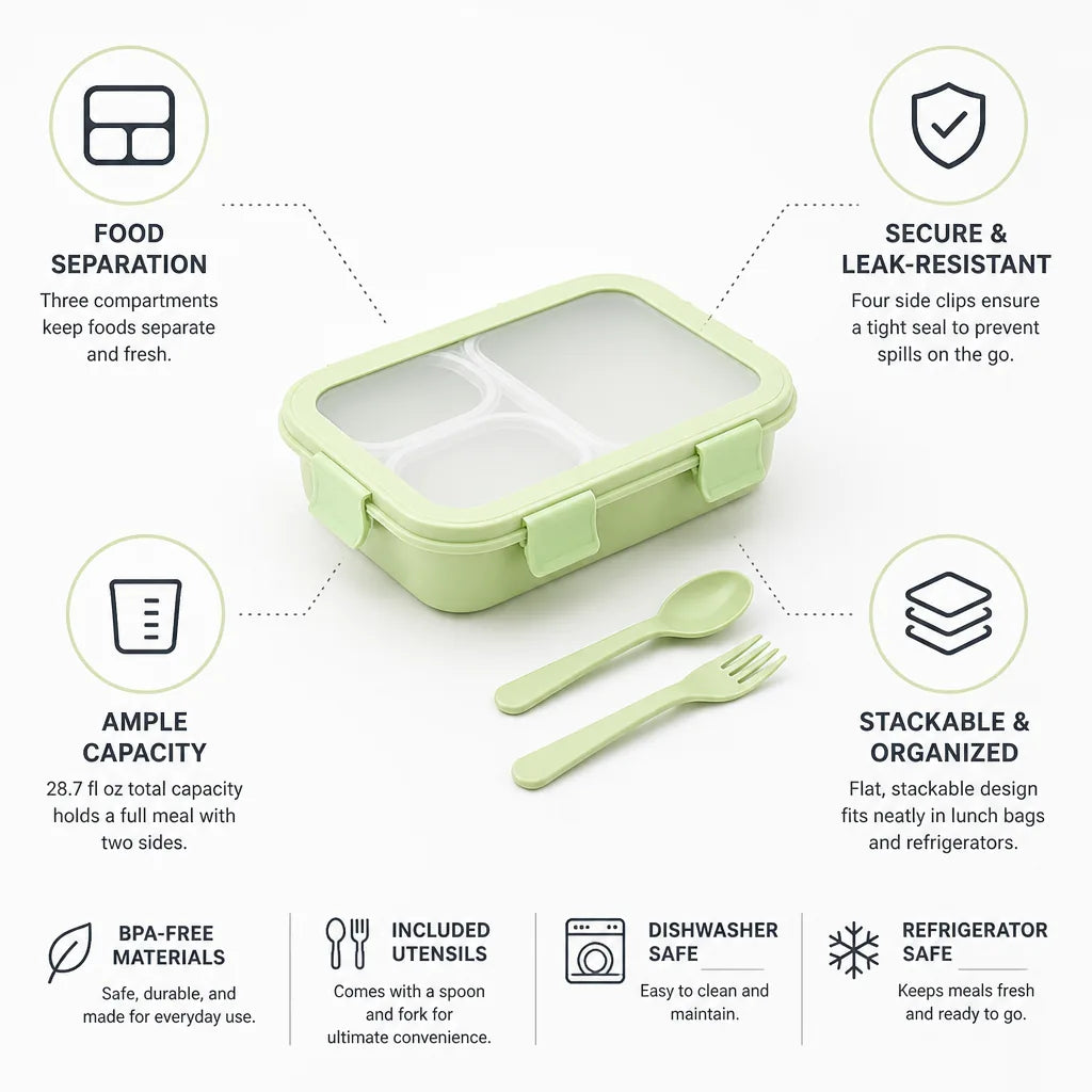 Kids Lunch Box Three-Compartment Four-Clip Lid & Utensils