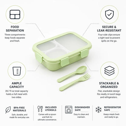 Kids Lunch Box Three-Compartment Four-Clip Lid & Utensils