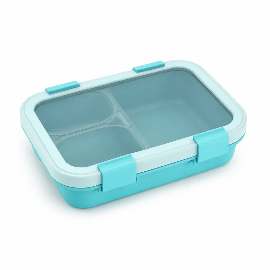 Kids Lunch Box Three-Compartment Four-Clip Lid & Utensils