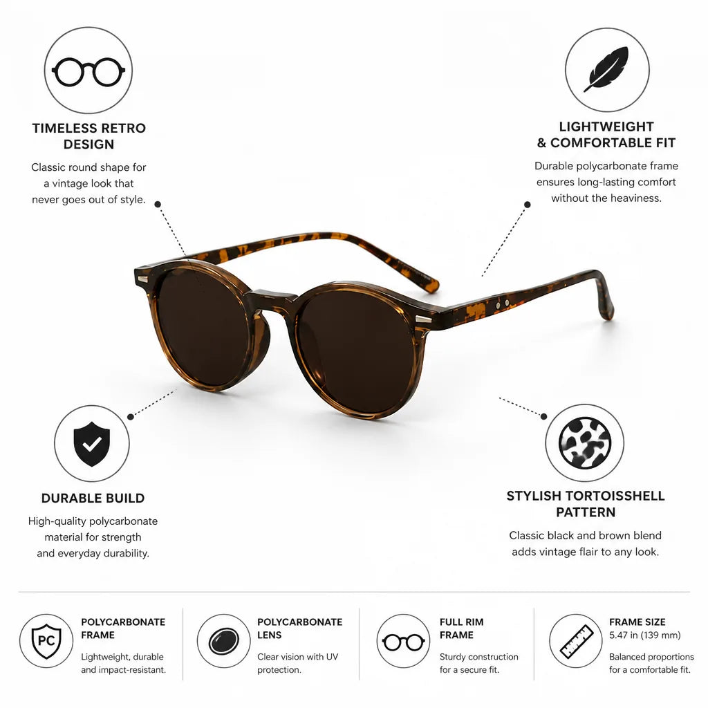 Lightweight Polycarbonate Tortoiseshell Round Sunglasses (Men's)
