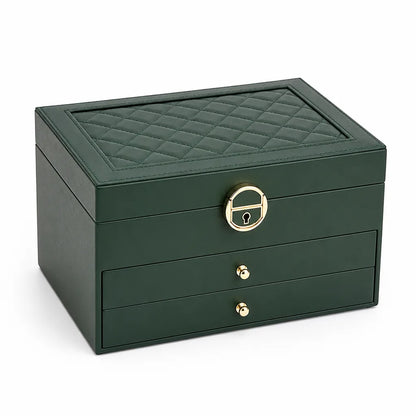 Lockable Quilted PU Leather Multi-Tier Jewelry Box with Trays