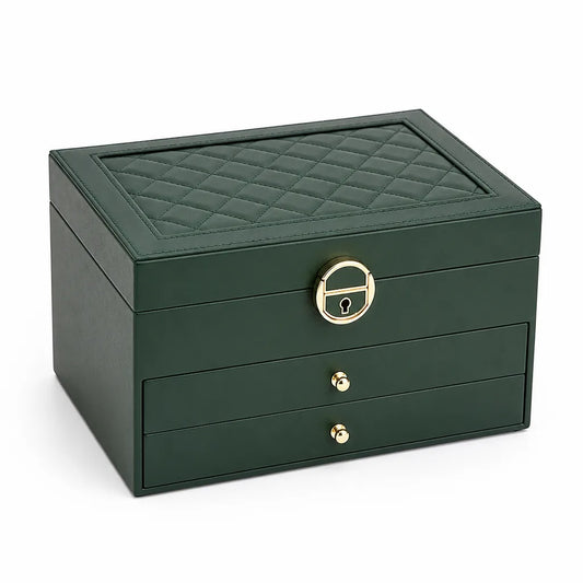 Lockable Quilted PU Leather Multi-Tier Jewelry Box with Trays