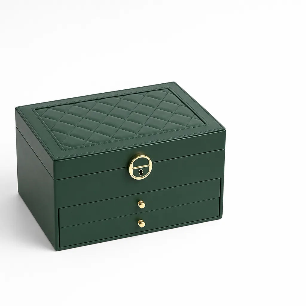 Lockable Quilted PU Leather Multi-Tier Jewelry Box with Trays