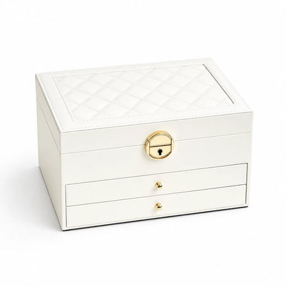 Lockable Quilted PU Leather Multi-Tier Jewelry Box with Trays